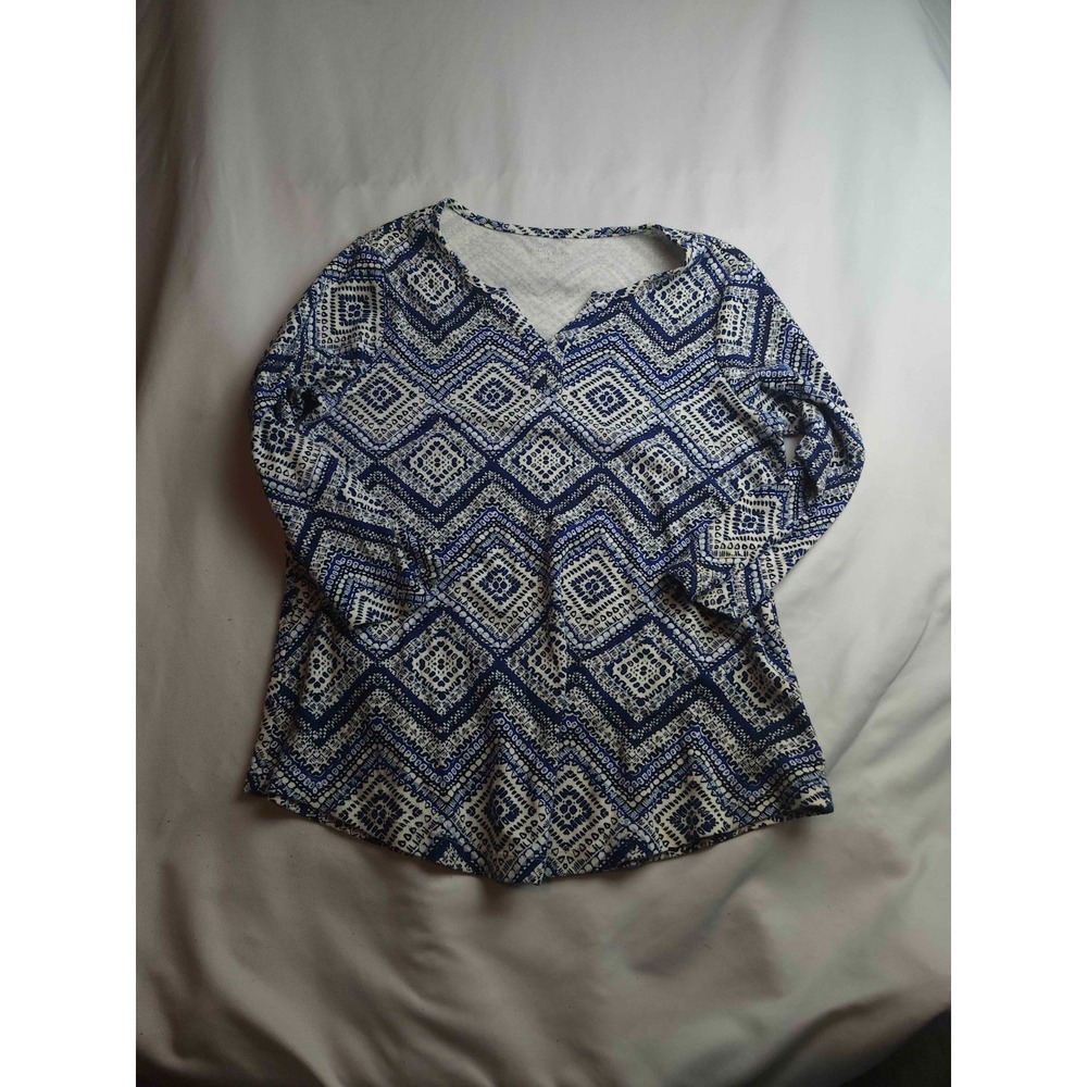 Kim‎ Rogers Top Womens Small Blue White Geometric Diamond Long Sleeve V-Neck